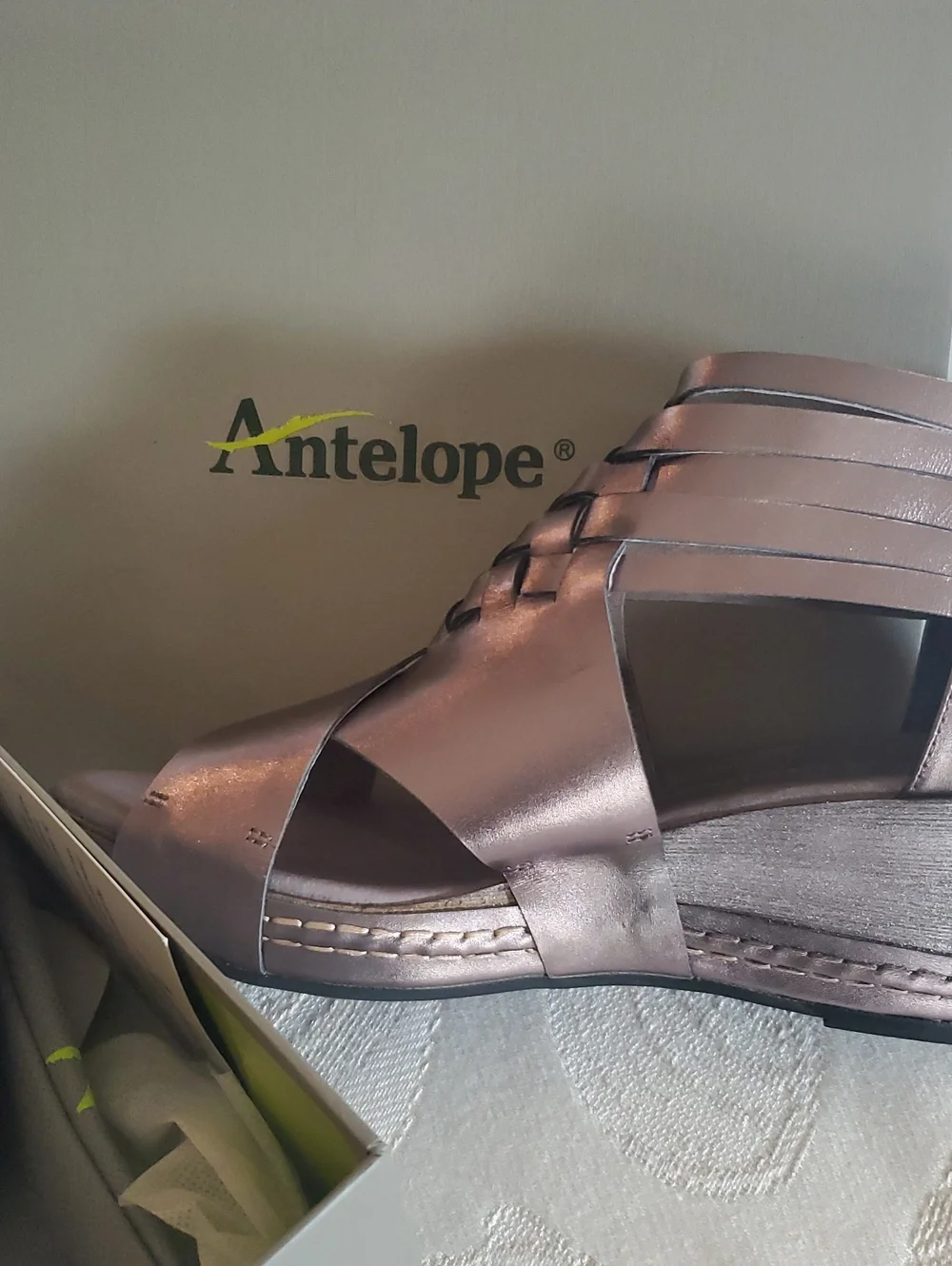 Antelope Metallic Pewter Woven Leather Wedge Sandals - Shimmery Gray